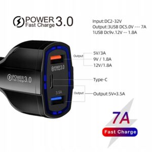 ładowarka samochodowa Quick Charge 3.0 2x USB_A 1x USB_C 7A czarny 12-32V