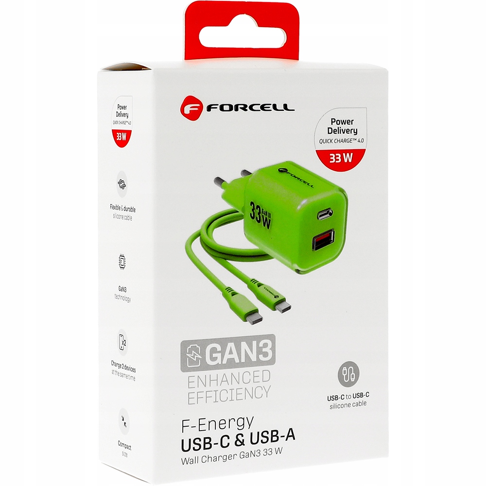 Ładowarka sieciowa 33W GaN USB-C, USB-A + kabel 1m Forcell kompaktowa mocna - obrazek 9