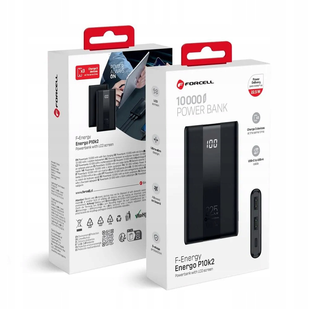 Powerbank Forcell F-Energy Energo P10K2 QC3.0 PD 3A 22,5W 10000 mAh czarny