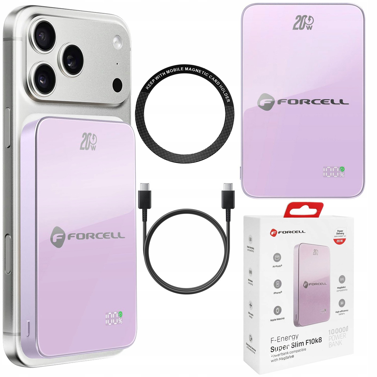Powerbank z MagSafe Forcell SuperSlim QC4.0 PD3.0 15W 10000 mAh fioletowy