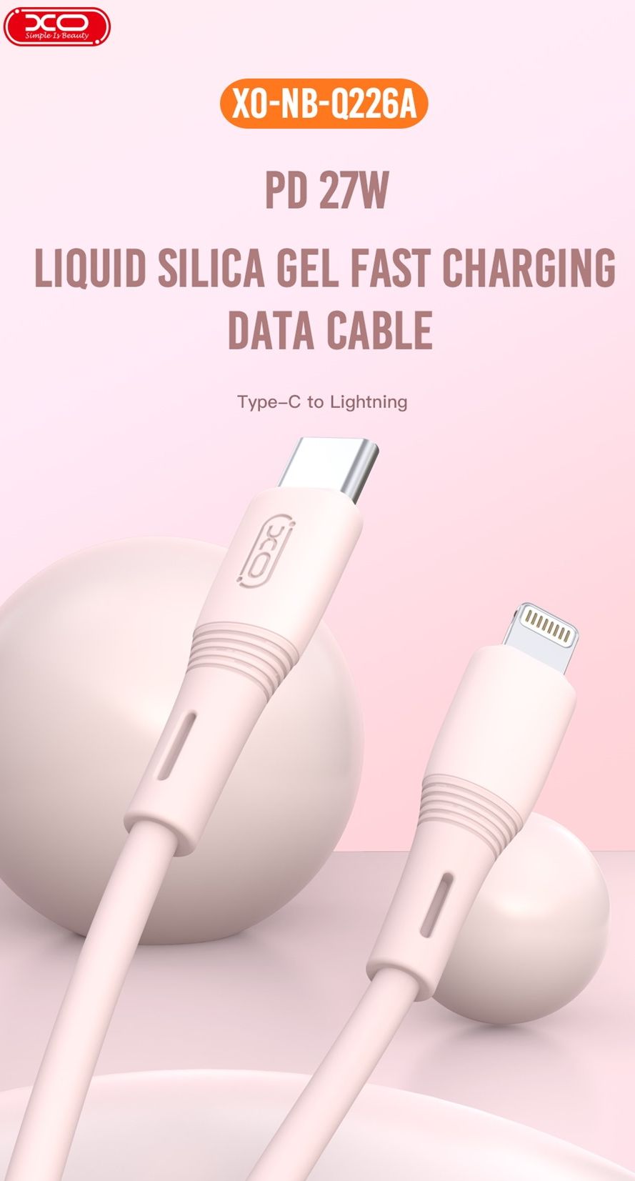 XO kabel NB-Q226A USB-C - Lightning 1m 27W różowy - obrazek 3