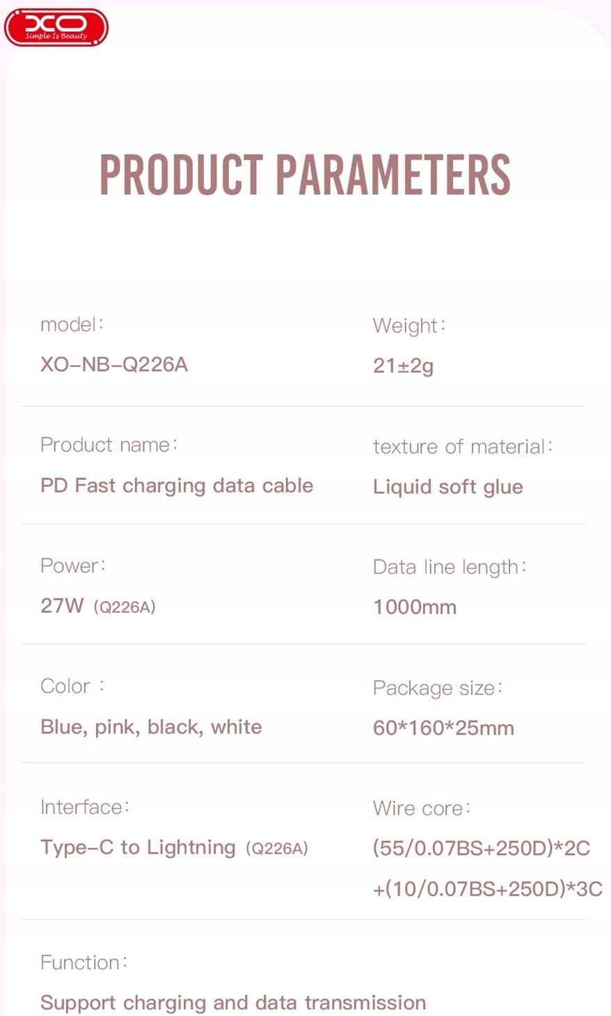 XO kabel NB-Q226A USB-C - Lightning 1m 27W różowy - obrazek 6