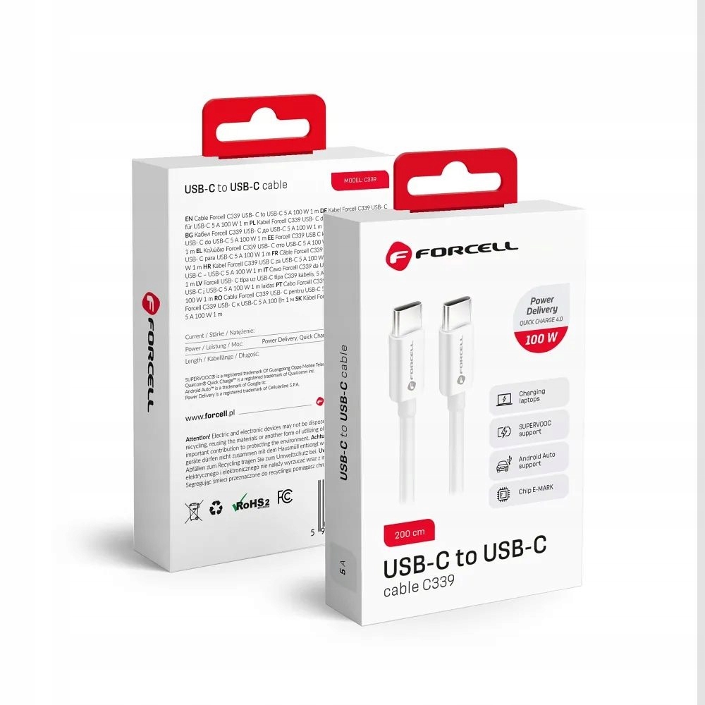 FORCELL F-ENERGY C339 kabel Typ C do Typ C PD QC4.0 5A 100W 2 m biały