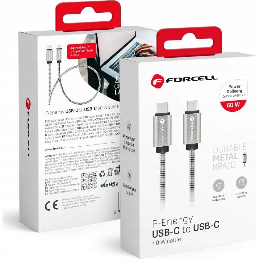 Kabel Forcell USB typ C - USB typ C 1 m srebrny - obrazek 2