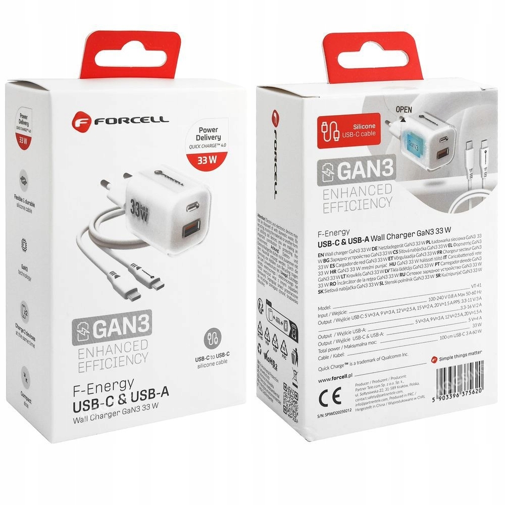 ZESTAW SZYBKA ŁADOWARKA SIECIOWA USB-A TYPE-C + KABEL USB-C 33W Biała - obrazek 10