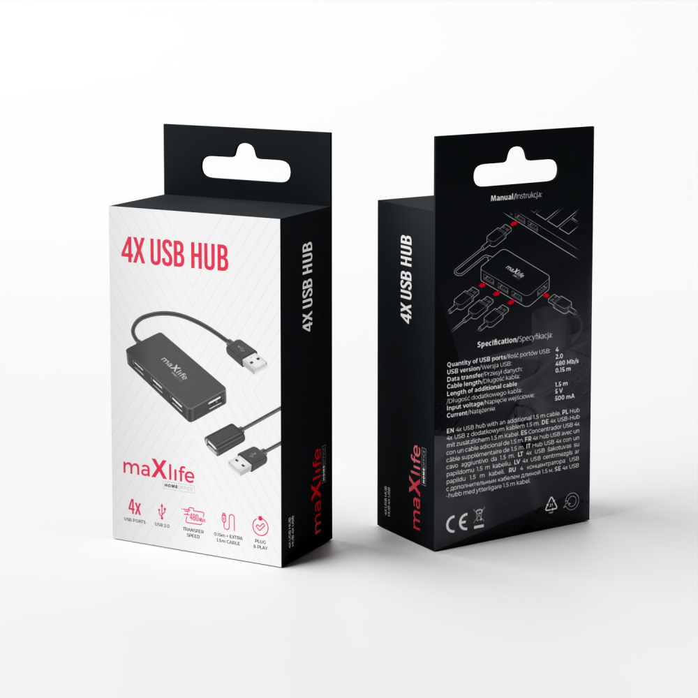 Maxlife Home Office USB 2.0 hub USB - 4x USB 0,15 m czarny + kabel 1,5 m - obrazek 5