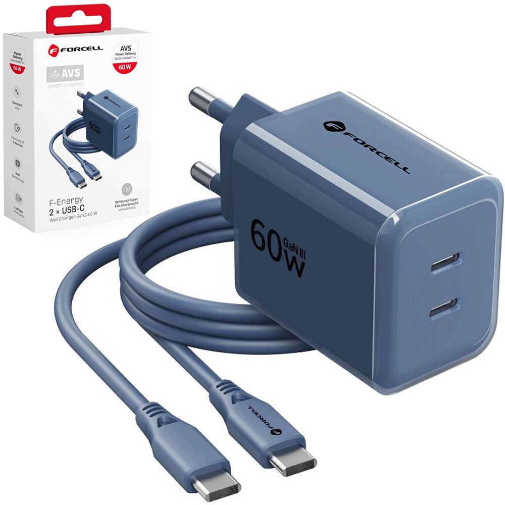 Ładowarka sieciowa 60W Forcell 2x USB-C z kablem w zestawie szybka mocna