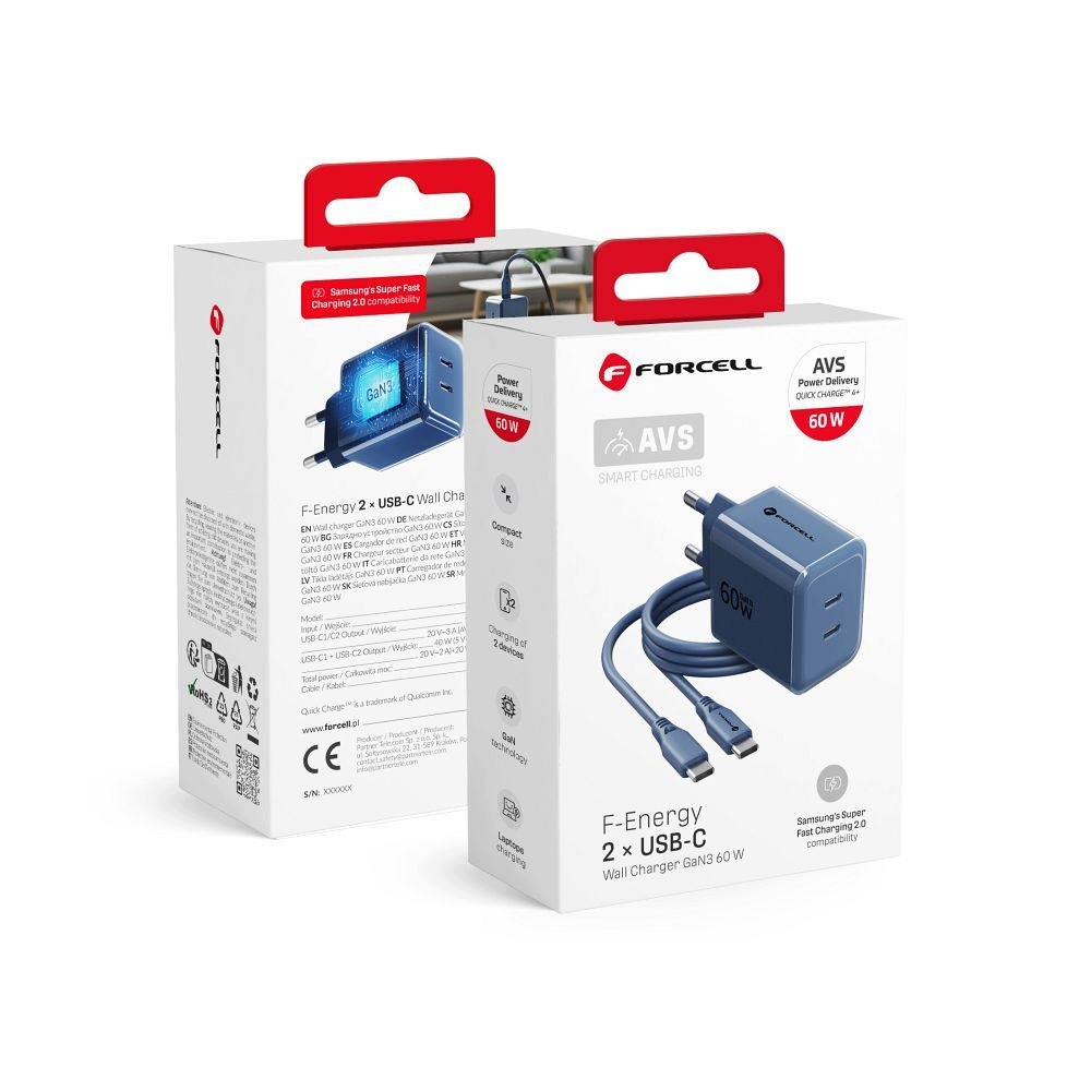 Ładowarka sieciowa 60W Forcell 2x USB-C z kablem w zestawie szybka mocna - obrazek 6